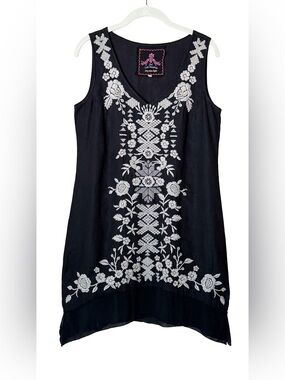 Johnny Was Aoko Embroidered Linen Tunic Top Black Ivory Sleeveless Boho Womens S